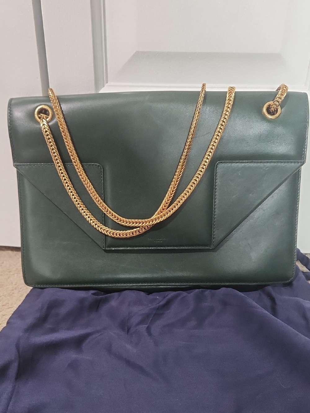 Saint Laurent Green Leather Shoulder Bag with Gold Chain